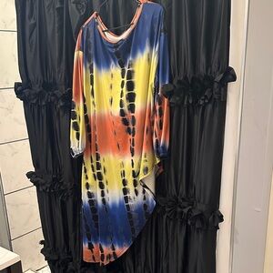 Abstract Tie-Dye Long Sleeve Asymmetric Maxi Dress+ Pants- Blue, Yellow & Orange